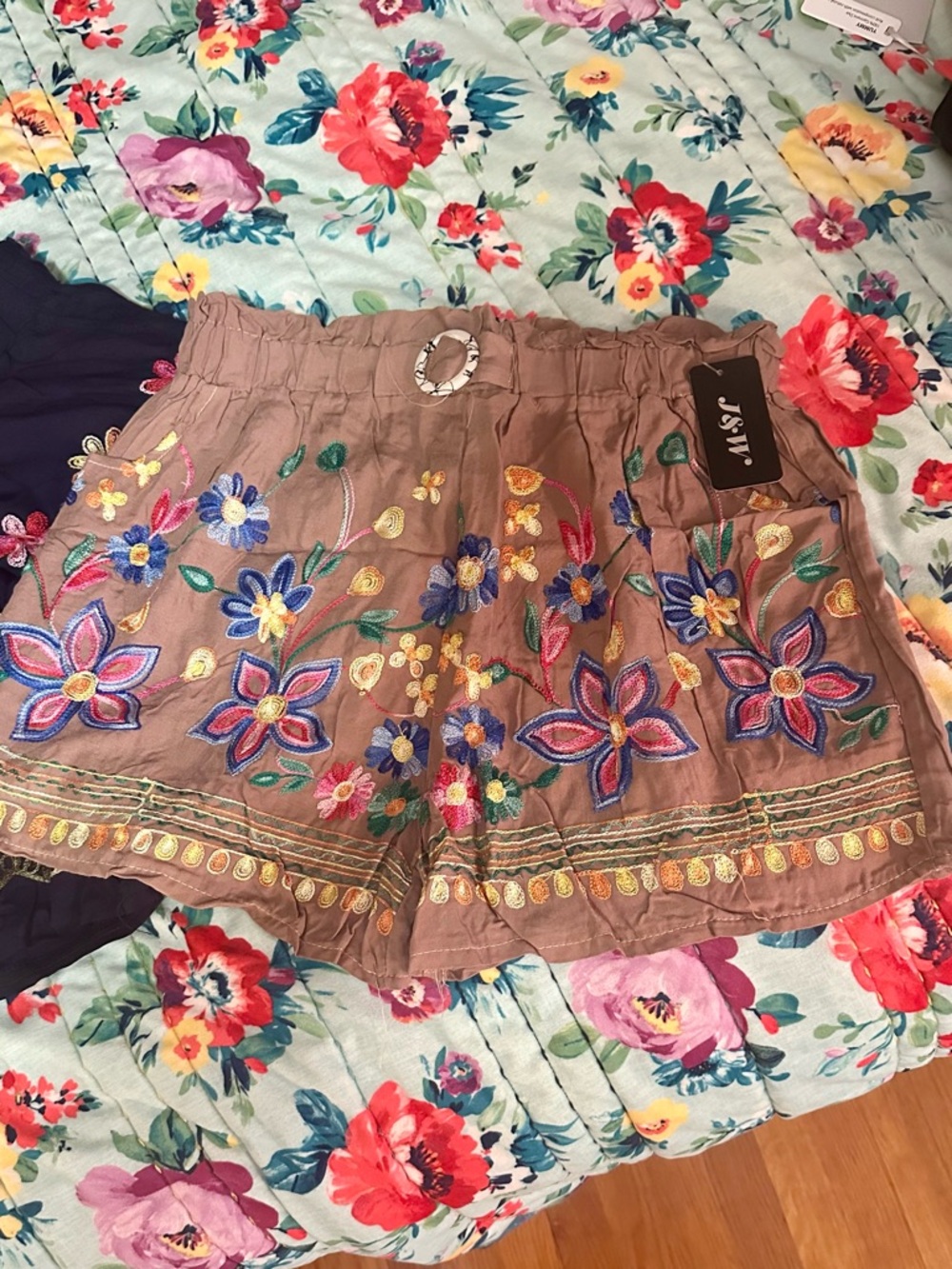 Embroidered High-Rise Tan Floral Shorts